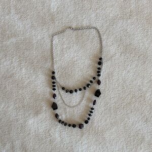 Black abstract beaded statement necklace with silver tone  chain
